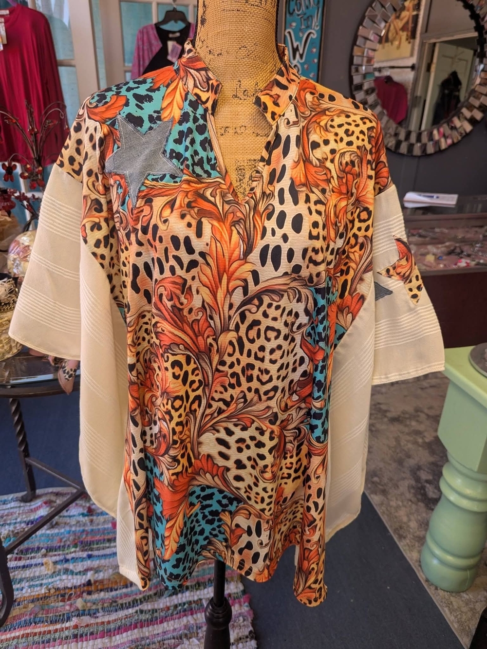 Printed V-Neck Tunic Blouse in Orange, Teal & Cream Poncho Top